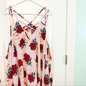 light pink, rose printed cold-shoulder tank